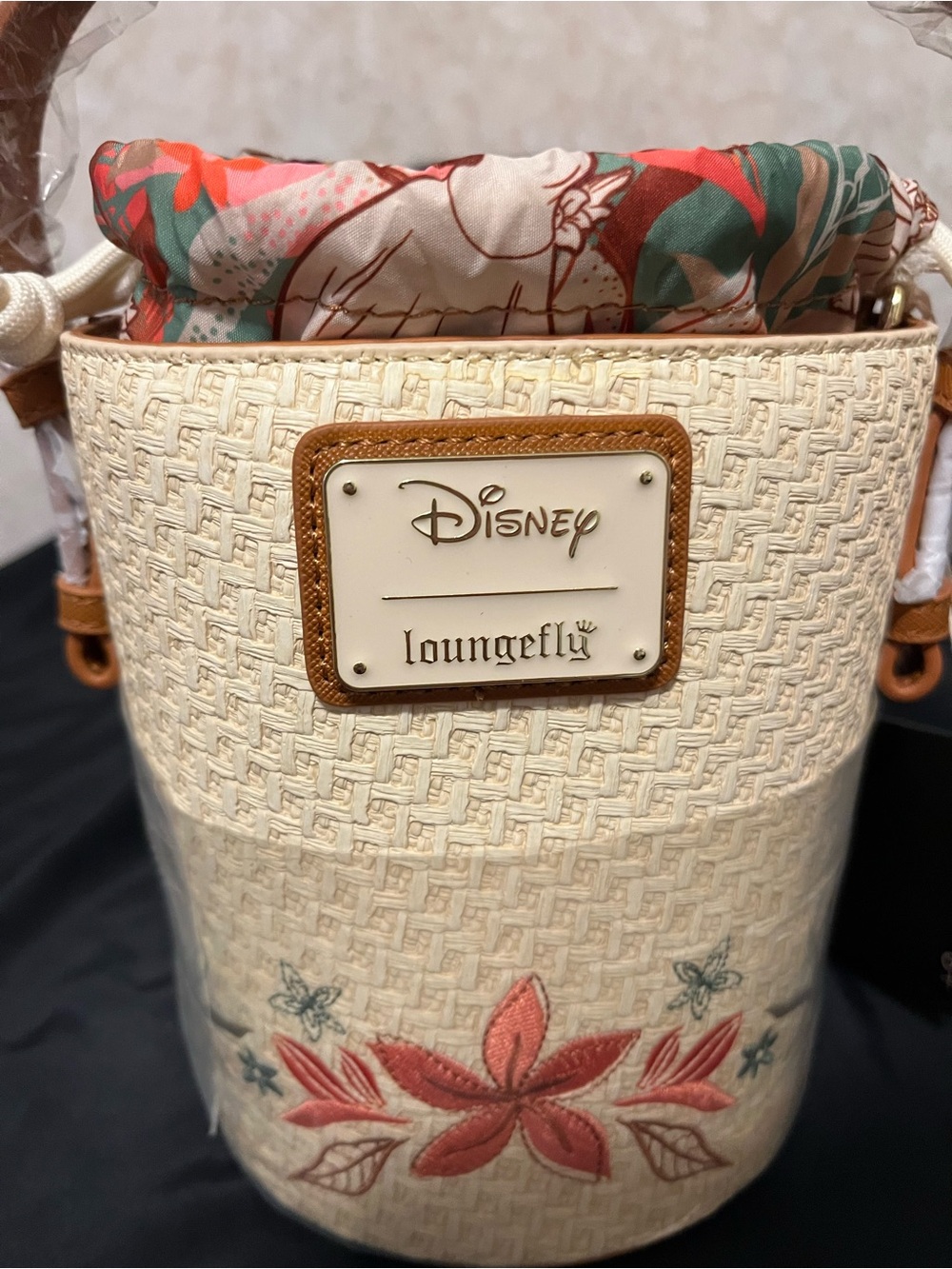 Loungefly Cream Floral Bucket Bag with Coral and Teal Drawstring - Picture 2 of 6
